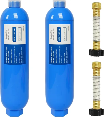 Paquete de 2 filtros de agua para caravana con 2 protectores de manguera flexible, reduce mal sabor, olores, óxido, cloro, fluoruro y sedimentos en