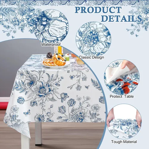 Miniatura 3 de Tiamon 1 mantel de plástico floral azul de 54 x 108 pulgadas, mantel rectangular vintage desechable con flores azules azul marino y blanco
