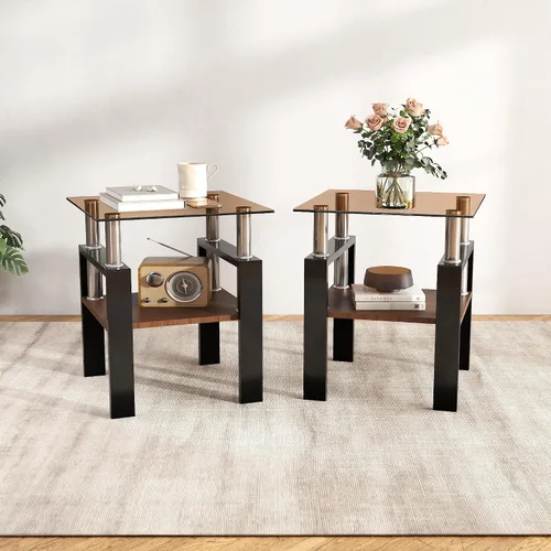 Miniatura 10 de Meihua Mesa auxiliar de vidrio para espacios pequeños, mesa auxiliar cuadrada de vidrio, mesita de noche moderna de 2 niveles con patas de metal
