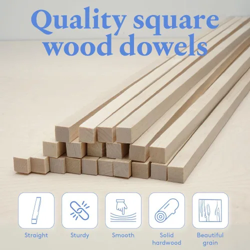 Miniatura 2 de Varilla cuadrada de madera de 36 x 1/2 pulgadas, paquete de 10 palos cuadrados de madera para manualidades y bricolaje de madera dura de abedul por