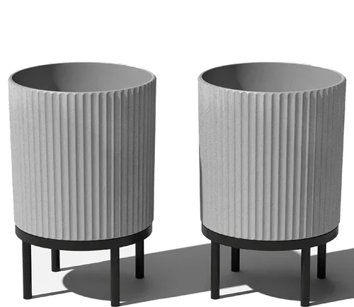 Miniatura 47 de Veradek Demi Series - Maceta redonda con soporte para porche o patio, compuesto de piedra de plástico duradero y soporte de madera, decoración