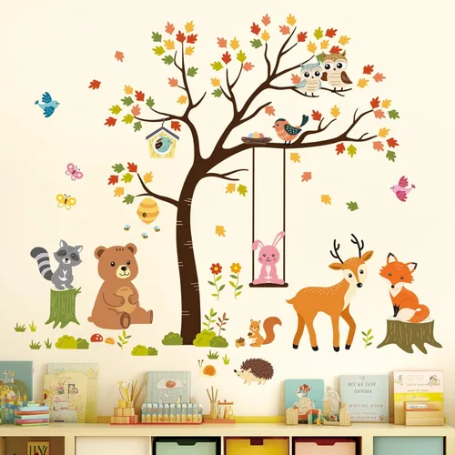 DECOWALL SG-2208 Calcomanías de pared de árboles y animales, para guardería, niños, otoño, dormitorio, habitación de bebé, bosque, ciervo, bosque,