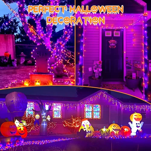 Miniatura 2 de Guirnalda de luces moradas y naranjas de Halloween, se pueden conectar entre sí, 2 unidades, 164 pies, 400 LED, 13 modos, impermeable