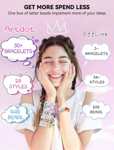 Miniatura 5 de ARTDOT Kit de 1400 cuentas de letras para hacer pulseras de amistad, 28 estilos surtidos de suministros de fabricación de joyas, juego de cuentas