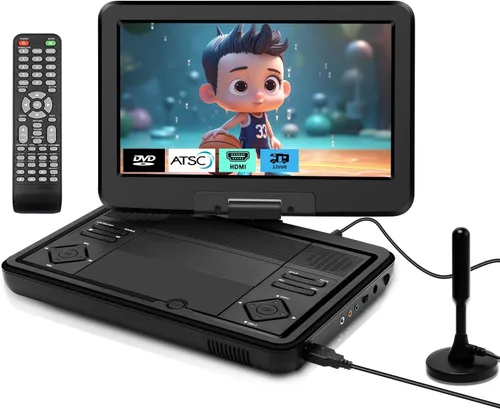 Combo de reproductor de TV/DVD portátil de 12.5 pulgadas con pantalla giratoria HD de 10.1 pulgadas, sintonizador digital/HDMI/USB/AV, batería