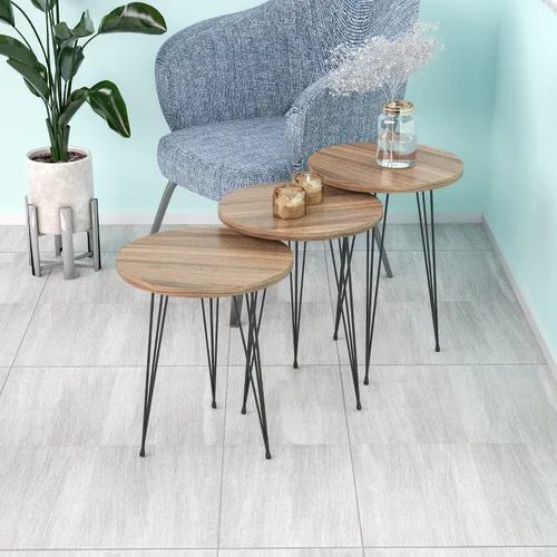 Miniatura 5 de Juego de 3 anidados redondos, base moderna de aspecto de grano de madera para mesas de centro o mesitas de noche, mesa auxiliar, mesa auxiliar Nuez