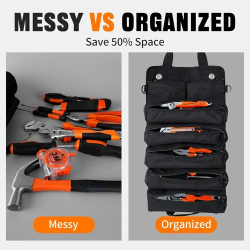Miniatura 3 de Organizador plegable portátil de herramientas enrollable con 5 compartimentos y 2 bolsas desmontables, bolsa de herramientas de servicio pesado Negro