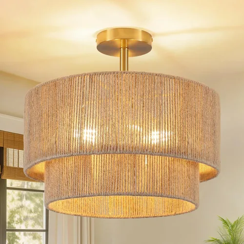 Miniatura 10 de 12.6" Boho Light Fixtures Ceiling Mount, Coastal Hemp Rope Semi Flush Mount Ceiling Light,3-Light Rustic Rattan Ceiling Light With 2-Tier Drum Shade