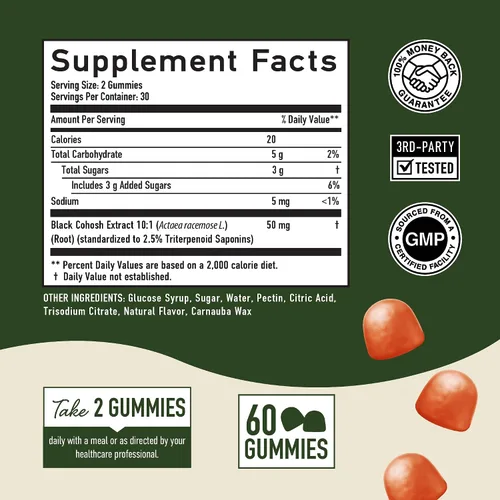 Miniatura 6 de Gomitas de cohosh negro para alivio de la menopausia, sofocos y sudores nocturnos, 50 mg de raíz de cohosh negro para mujeres, sin gluten