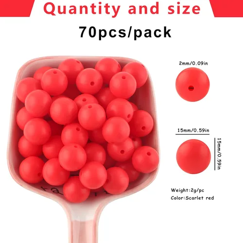 Miniatura 4 de Sunrony 70 cuentas de silicona para hacer collares, cuentas redondas de silicona a granel de 0.59 pulgadas para bolígrafos (rojo escarlata)