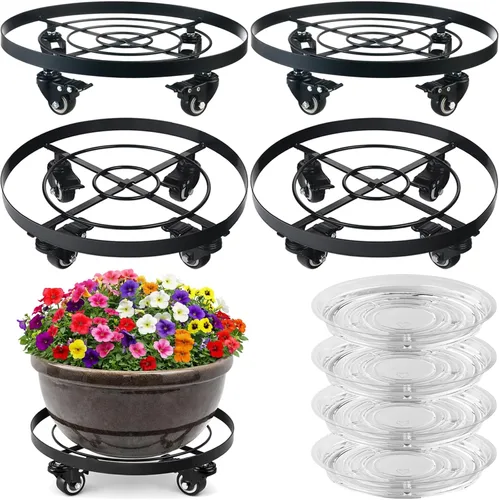 Miniatura 16 de Paquete de 3 posavasos de metal para plantas de 10.6 pulgadas, con ruedas, soporte rodante resistente para plantas con ruedas para interiores y Negro