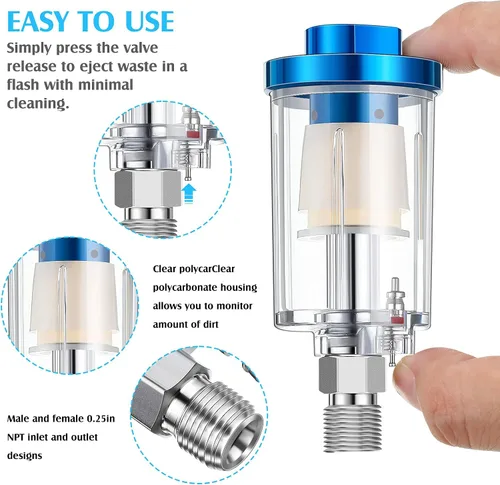 Miniatura 3 de Honoson Paquete de 2 válvulas reguladoras de ajuste de aire de 1/4 pulgadas con manómetro y filtro de trampa de agua, separador de aceite, regulador