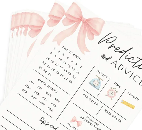 Miniatura 5 de Tarjetas de predicciones y consejos de baby shower de Printed Party – Diseño de lazo rosa, divertido juego de baby shower para invitados, actividad