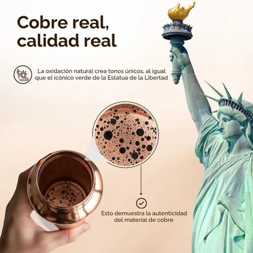 Miniatura 3 de Botella de agua de cobre puro 100% CLEO HOME para beber, botella de cobre ayurvédica martillada de 32 onzas para agua potable A prueba de fugas