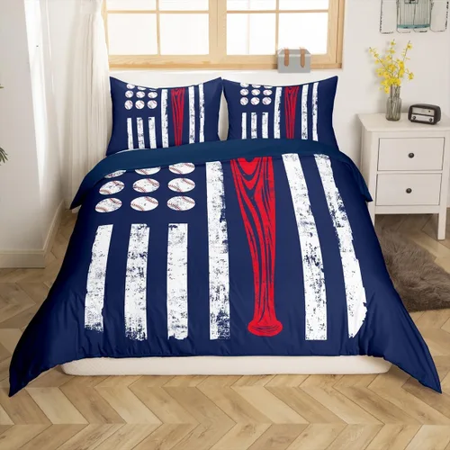 Miniatura 3 de Juego de funda de edredón con bandera estadounidense de béisbol, bate de béisbol, bandera de Estados Unidos, para niños y adolescentes, color rojo