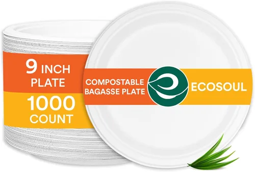 Miniatura 18 de ECO SOUL Compostable Paper Plates 9 Inch, 500 Pack – Heavy Duty Disposable Dinner Paper Plates, White Bagasse, Leak-Resistant, Microwave Safe