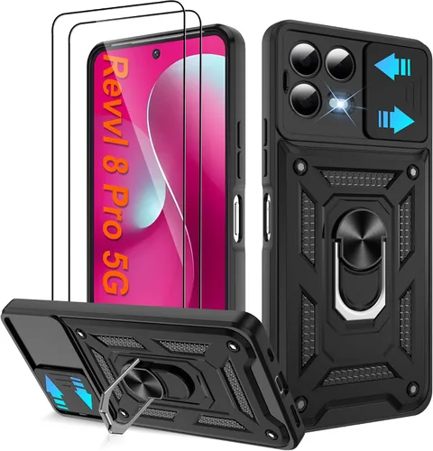 Miniatura 137 de ATUMP Funda para T-Mobile Revvl V Plus 5G con protector de pantalla HD con cubierta de cámara deslizante, soporte de anillo de rotación de 360° Negro