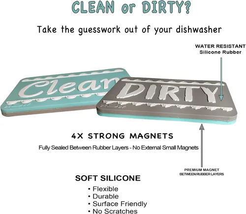 Miniatura 2 de Letrero de imán para lavavajillas de color plateado aguamarina Clean Dirty, indicador de lavavajillas de doble cara, imán universal fuerte sin
