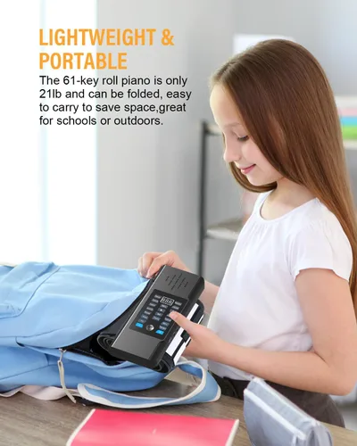 Miniatura 6 de KONIX Piano portátil recargable enrollable de 61 teclas, piano de mano mejorado con teclado flexible de silicona, salida MIDI, conexión