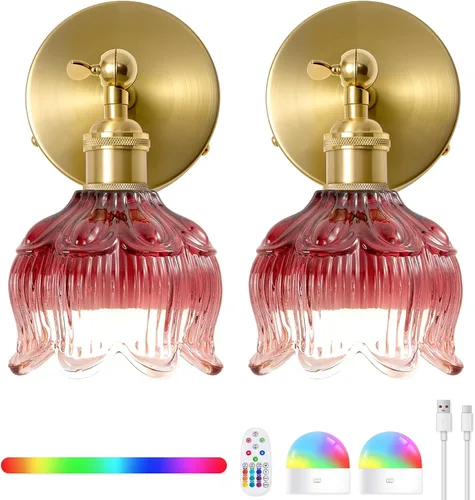 Miniatura 11 de Vintage Battery Operated Wall Sconces - 5000mAh Rechargeable Dimmable Wireless Lights with Remote Control - Set of 2 Green Flower Glass Powered
