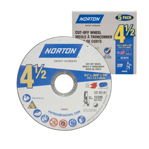 Norton Ruedas de corte de 4-1/2 pulgadas, paquete de 5 discos de corte agresivos para amoladora angular, corte de uso general para metal y acero