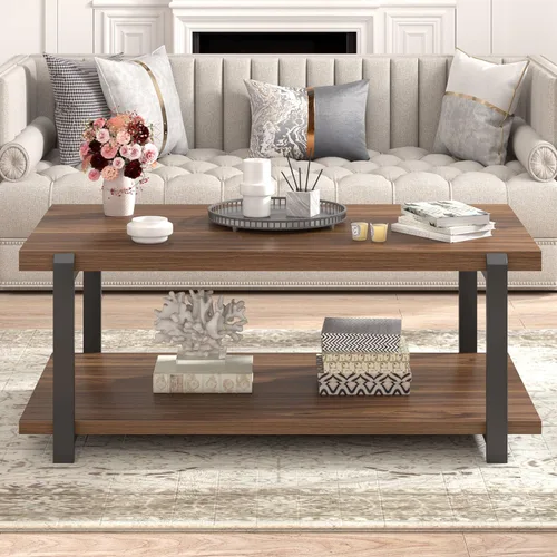 Miniatura 7 de FOLUBAN - Mesa de café moderna con estante de almacenamiento, mesa central de madera rústica para sala de estar, nogal