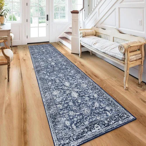 Miniatura 80 de KILOCOCO Alfombra lavable de 2 x 3 para entrada, estampado floral vintage, suave, antideslizante, azul, alfombras de cocina, tapete
