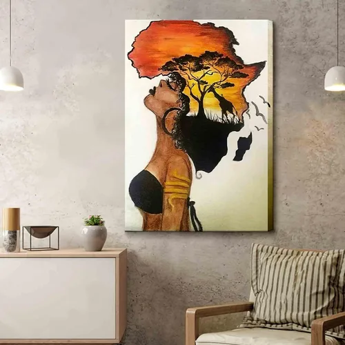 Miniatura 3 de Arte de pared enmarcado afroamericano, póster de mujer africana nostálgica, pintura en lienzo, niña negra, abstracto, puesta de sol, paisaje