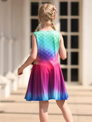 Miniatura 4 de Funnycokid Vestido de sirena para niñas, vestidos de verano sin mangas, vestido de cumpleaños, vestido de verano con vuelo, traje de 4 a 13 años