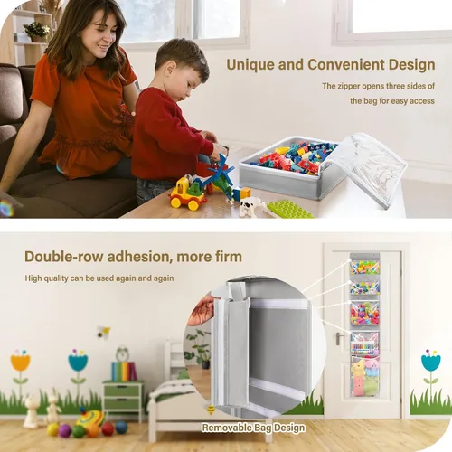 Miniatura 4 de Woodoulogy Almacenamiento de juguetes colgantes sobre la puerta, organizador de animales de peluche en bloques con 4 bolsas de estuche extraíbles