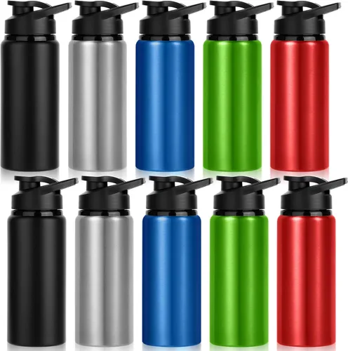 Paquete de 10 botellas de agua a granel, botellas de agua deportivas de aluminio de 20 onzas con tapas a presión, botellas de agua reutilizables de
