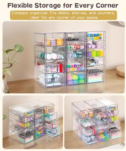 Miniatura 6 de VZKAH Organizador de acrílico transparente con cajones Unidad de escritorio de 15 cajones Organizador de maquillaje y escritorio y caja