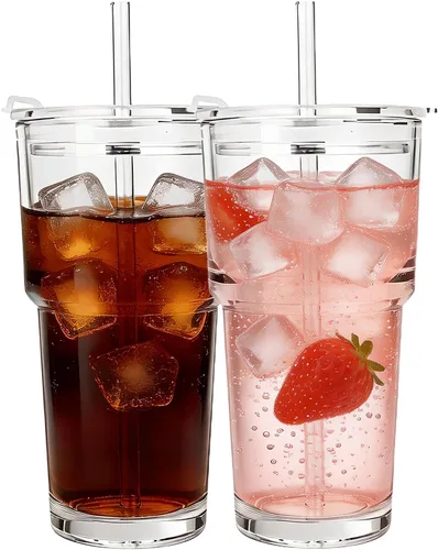 Miniatura 11 de 20oz Clear Glass Cups with Lids and Straws, Reusable Iced Coffee Cups, Drinking Tumblers for Cocktail Beer, Juice, Smoothie, Water, Party Gifts