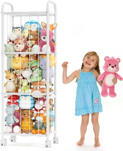 Miniatura 9 de Organizador de almacenamiento de juguetes para niños con 4 estantes y ruedas, estante de almacenamiento de juguetes de gran tamaño blanco para niños