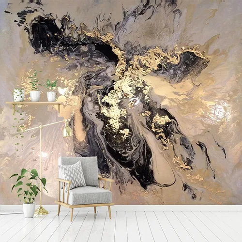 Miniatura 2 de Mural de pared grande geométrico dorado, salpicado de tinta negro y dorado salpicado con tinta, mural de vinilo autoadhesivo, decoración moderna