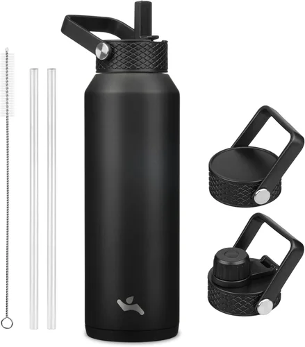 Miniatura 9 de Konokyo - Botella de agua aislada de 18 onzas, botellas deportivas de acero inoxidable con 3 tapas, verde militar
