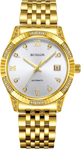 Miniatura 21 de BINLUN Reloj de pulsera para hombre, mecánico automático, reloj dorado con cuerda automática, elegante, chapado en oro de 18 quilates, relojes
