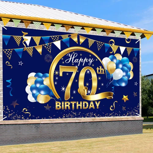 Miniatura 3 de Decoración de Telón de Fondo de Cumpleaños Feliz 70 para Hombres, Fondo de Cumpleaños 70 Azul Dorado, Suministros de Fiesta, Cartel de Fondo de Foto