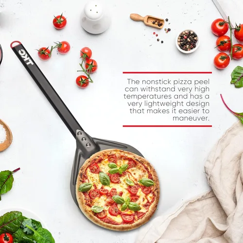 Miniatura 6 de TKC Pela de pizza perforada de 8 pulgadas – Pela profesional de aluminio para pizza – Espátula de pizza de metal de mango largo para interiores