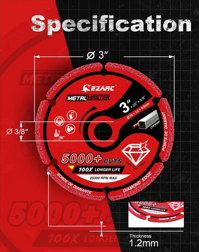 Miniatura 4 de Rueda de corte de diamante EZARC 3 x 3/8 pulgadas, más de 5000 cortes en metal, paquete de 2, gris, amoladora de troquel, material de diamante