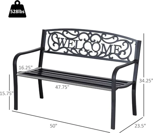 Miniatura 3 de Outsunny Banco de bienvenida de metal para exteriores de 50 pulgadas, banco de jardín con asiento de listones, banco de patio para parque, porche