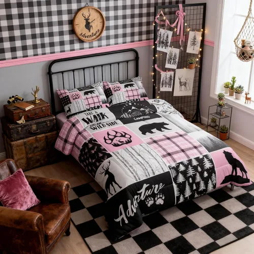 Miniatura 219 de Juego de edredón de cuernos de ciervo tamaño individual, juego de ropa de cama rústica de granja con huellas de oso y pinos para decoración