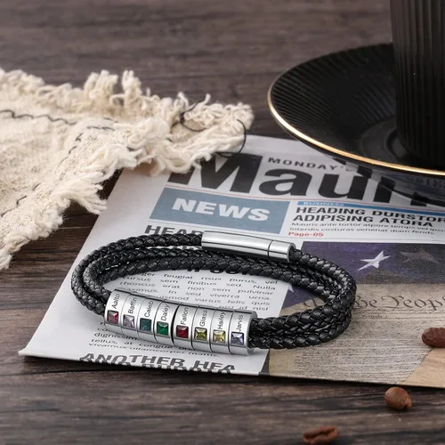 Miniatura 15 de Pulsera personalizada para el Día del Padre para hombre, pulseras personalizadas de cuero trenzado negro con cuentas grabadas de 1 a 8 nombres