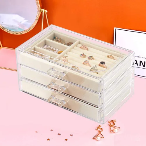 Miniatura 5 de Weiai Joyero acrílico con 3 cajones organizador de joyas de terciopelo aretes anillos collares pulseras vitrina regalo para mujeres niñas beige