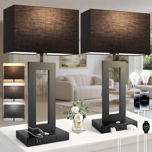Miniatura 17 de Kondras Juego de 2 lámparas de mesa para dormitorios, 3 temperaturas de color, control táctil, lámparas de noche con 2 puertos USB y salida de CA