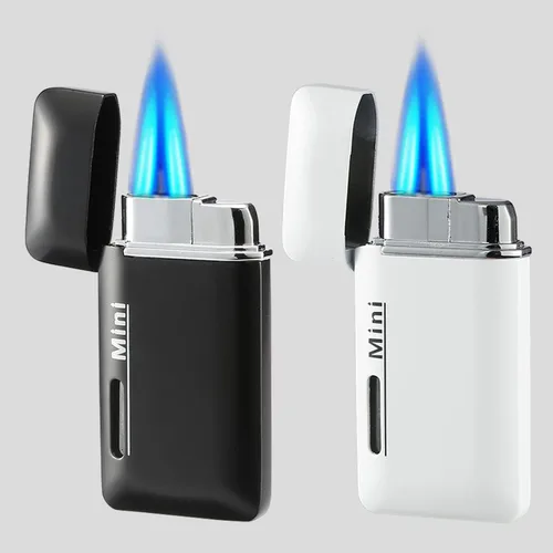 Miniatura 8 de Paquete de 2 mini encendedores de butano, soplete doble con ventana visible, encendedor de bolsillo recargable y ajustable, gran regalo para hombres
