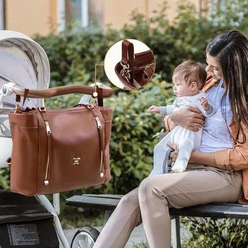 Miniatura 3 de miss fong Bolso de pañales tipo mochila de cuero, bolso grande para mamá, bolsa hospitalaria, 12 bolsillos, bolso de viaje para pañales con Marrón