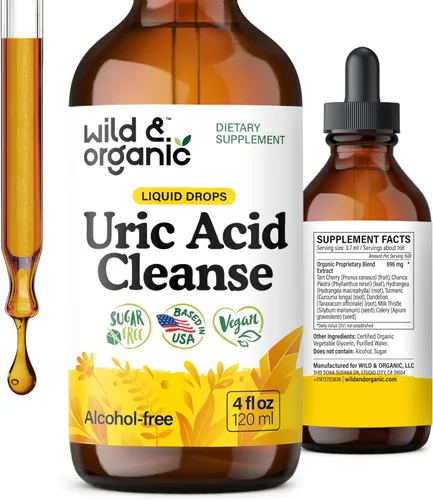 Wild & Organic Gotas líquidas de limpieza de ácido úrico, cereza ácida, cúrcuma, apio, chanca piedra, complejo de extracto de raíz de diente de