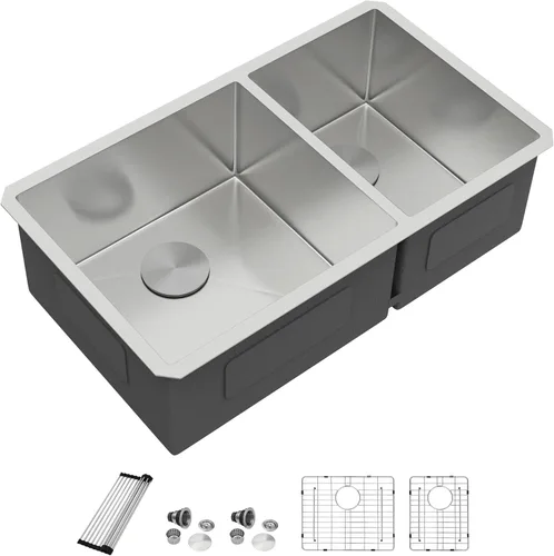 Miniatura 11 de Dcolora DC-U7730 - Fregadero de cocina de 33 pulgadas con doble tazón dividido 60/40 de calibre 16 de acero inoxidable 304, esquinas redondeadas