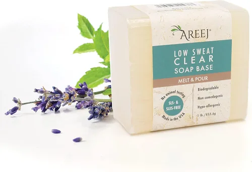 Areej Base de jabón transparente de bajo sudor, estilo derretimiento y vertido, hipoalergénico, sin OMG, sin SLS, glicerina 100% natural, hecho a